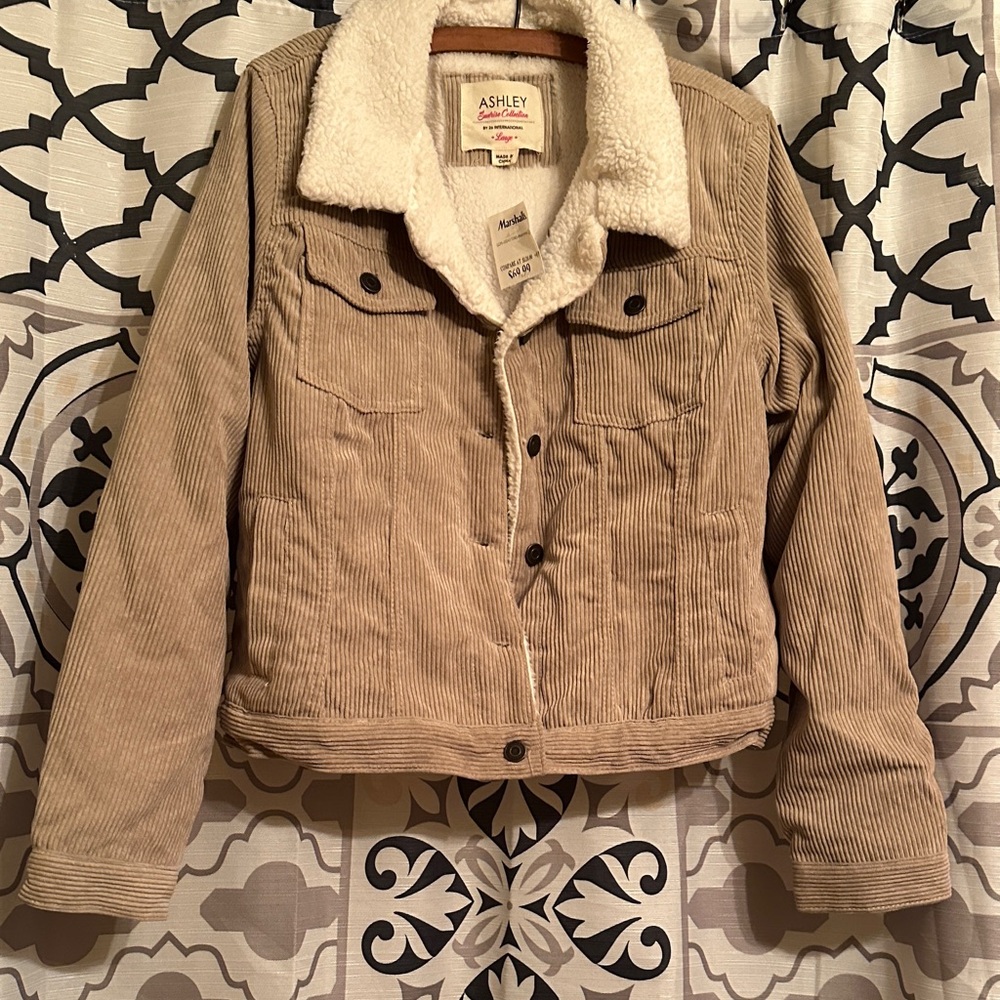 NWT Ashley by 26 International Beige Corduroy Jacket with Sherpa Lining